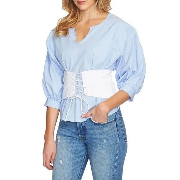 1.STATE blue pinstripe corset cinched long sleeve blouse top size Medium - Picture 2 of 7